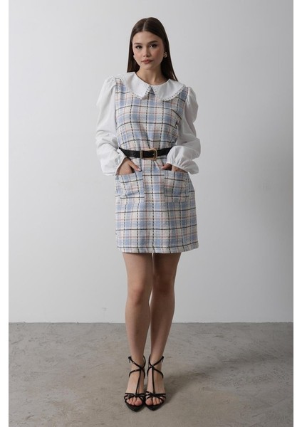 Mottisfashion Ekoseli Gömlek Detaylı Elbise - Mavi