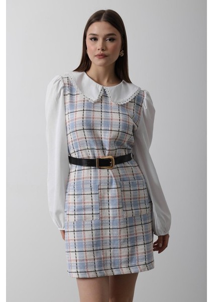Mottisfashion Ekoseli Gömlek Detaylı Elbise - Mavi