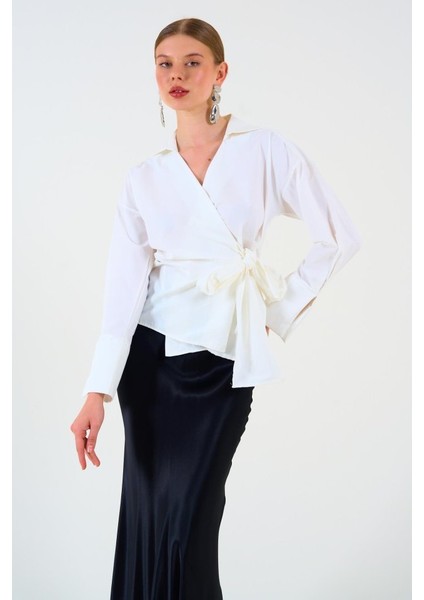 Mottisfashion Düz Yandan Bağlamalı Gömlek - Ekru