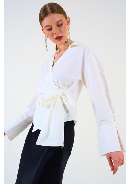 Mottisfashion Düz Yandan Bağlamalı Gömlek - Ekru modelleri