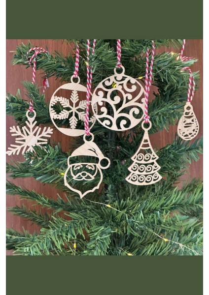 ® 6 Parça Kırmızı Beyaz Ipli Noel Babalı ve Kar Tanesi Model Ahşap Yılbaşı Ağaç Süsü fiyatları