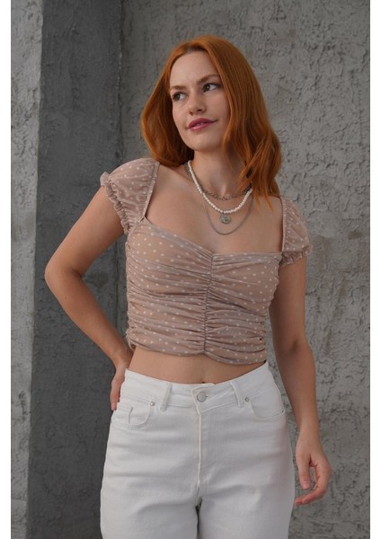 Mottisfashion Puantiyeli Belden Oturtmalı Tül Krem Bluz indirimleri