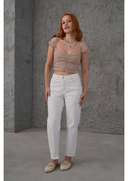 Mottisfashion Puantiyeli Belden Oturtmalı Tül Krem Bluz