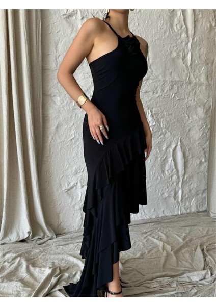 Mottisfashion Güllü Elbise Asimetrik Katlı - Siyah