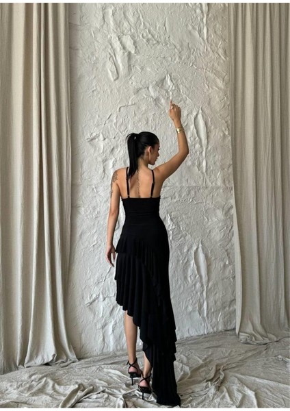 Mottisfashion Güllü Elbise Asimetrik Katlı - Siyah fiyatları