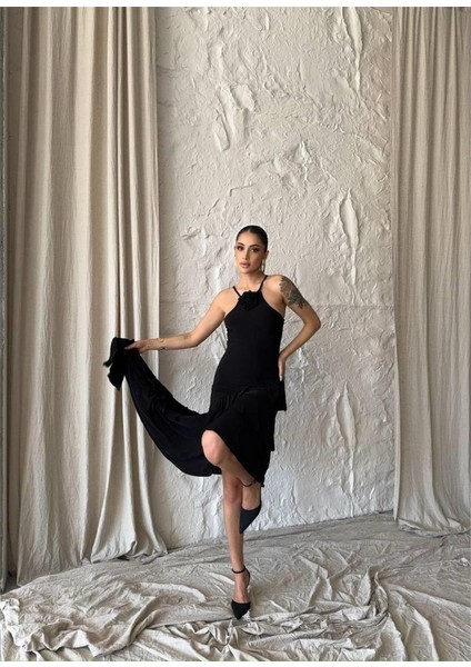 Mottisfashion Güllü Elbise Asimetrik Katlı - Siyah