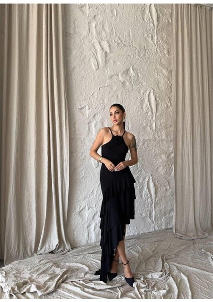 Mottisfashion Güllü Elbise Asimetrik Katlı - Siyah