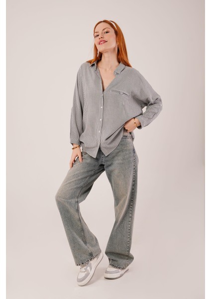 Mottisfashion Cep Detay Çizgili Oversize Gri Gömlek