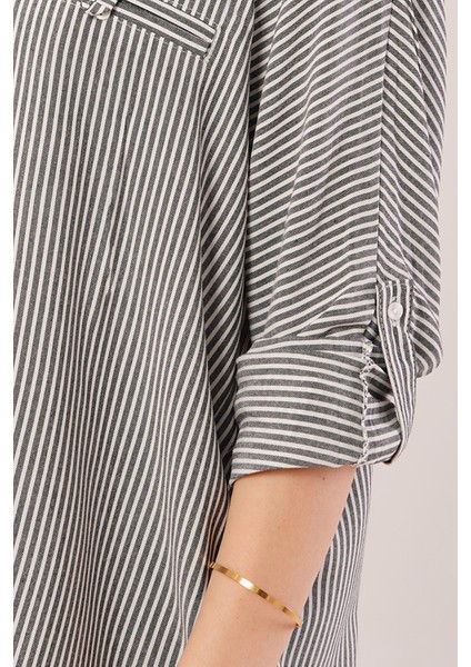 Mottisfashion Cep Detay Çizgili Oversize Gri Gömlek