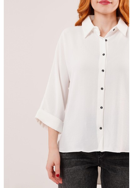 Mottisfashion Yarasa Kol Rahat Kalıp Beyaz Gömlek