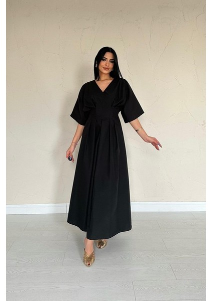 Mottisfashion Siyah Pileli Uzun Elbise fiyatları