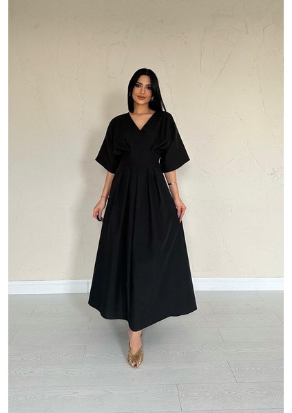 Mottisfashion Siyah Pileli Uzun Elbise modelleri