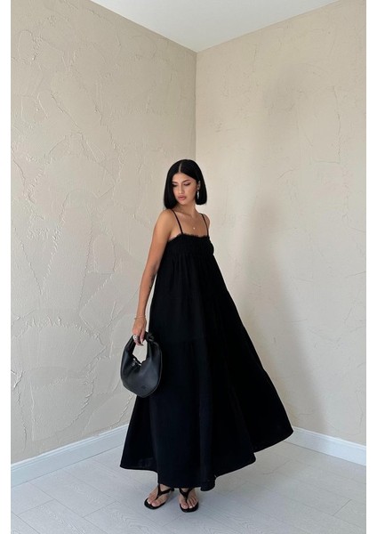 Mottisfashion Siyah Askılı Parçalı Müslin Elbise