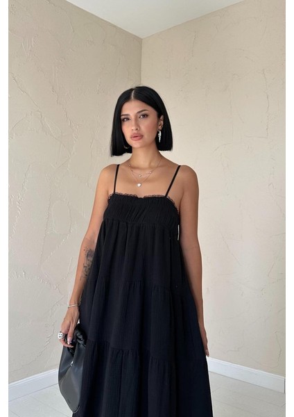 Mottisfashion Siyah Askılı Parçalı Müslin Elbise fiyatları