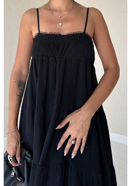 Mottisfashion Siyah Askılı Parçalı Müslin Elbise modelleri