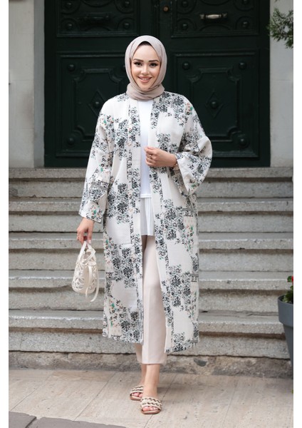 Desenli Siyah Tesettür Kimono 32121S