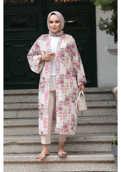 Desenli Fuşya Tesettür Kimono 32121F fiyatları