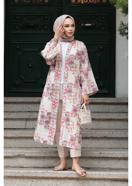 Desenli Fuşya Tesettür Kimono 32121F modelleri