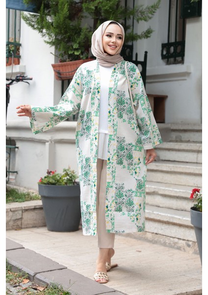 Desenli Yeşil Tesettür Kimono 32121Y