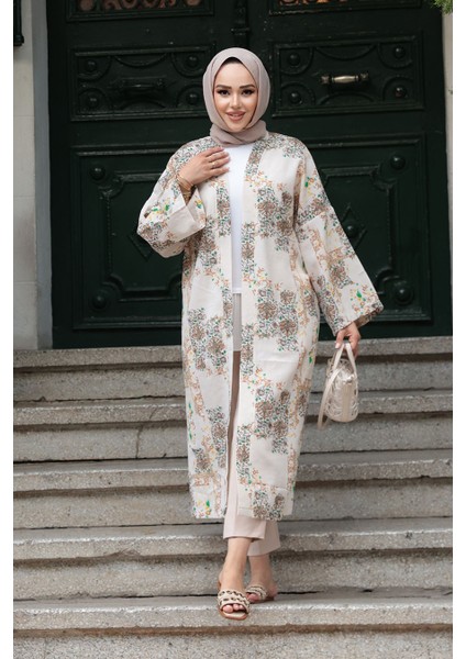 Desenli Bisküvi Tesettür Kimono 32121BS