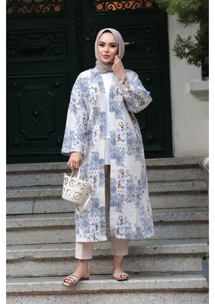Desenli Indigo Mavisi Tesettür Kimono 32121IM