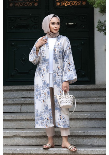 Desenli Indigo Mavisi Tesettür Kimono 32121IM fiyatları