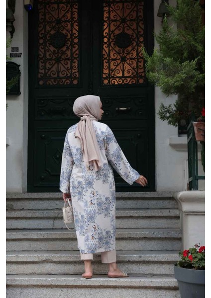 Desenli Indigo Mavisi Tesettür Kimono 32121IM modelleri