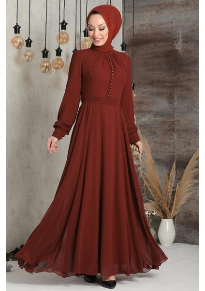 Düğme Detaylı Kiremit Tesettür Elbise 2703KRMT