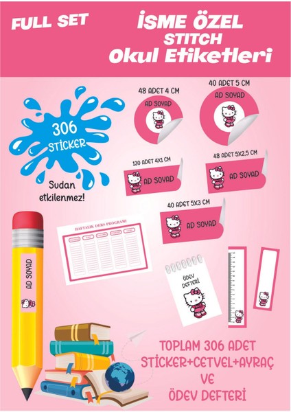 Okul Etiketi Full Set 306 Hello Kitty / Kalem Etiketi Isimli Kişiye Özel