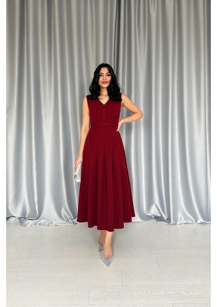 Mottisfashion Bordo Önü Britli Pileli Elbise