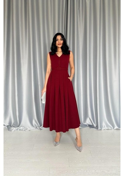 Mottisfashion Bordo Önü Britli Pileli Elbise fiyatları
