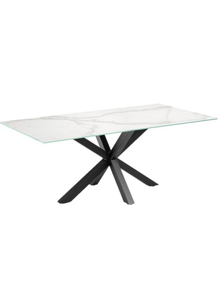 Sias Metal Cam Yemek Masası Siyah Ayak Beyaz Mermer Desenli Cam Tabla