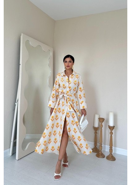 Mottisfashion Bej Desenli ve Önü Düğmeli Keten Elbise