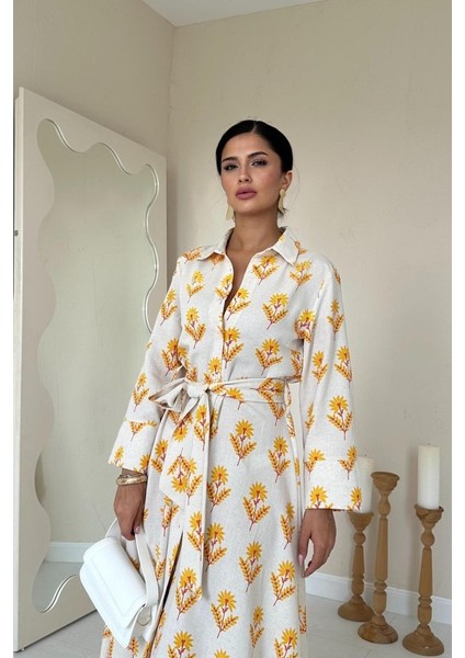 Mottisfashion Bej Desenli ve Önü Düğmeli Keten Elbise fiyatları