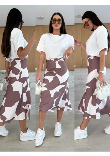 Mottisfashion Kadın Kısa Kollu Bisiklet Yaka Viskon Bluz ve Desenli Süprem Etek Ikili Takım fiyatları