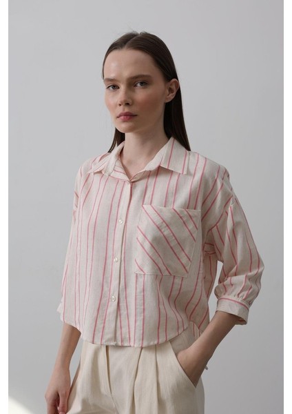 Mottisfashion Çizgili Kısa Gömlek - Bej Pembe