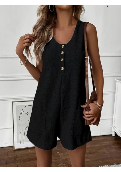 Mottisfashion Kadın Askılı Yuvarlak Yaka Düğmeli Waffle Kısa Tulum