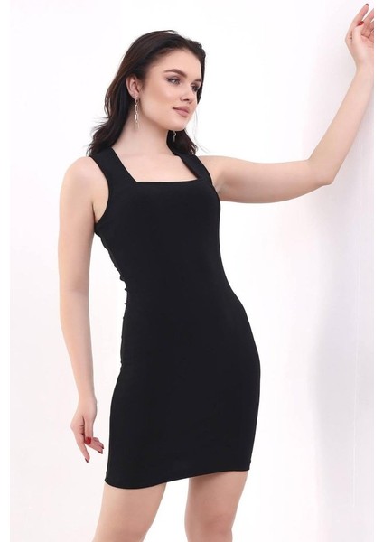 Mottisfashion Kadın Kare Yaka Kolsuz Sandy Kumaş Fırsat Ürün Diz Üstü Elbise