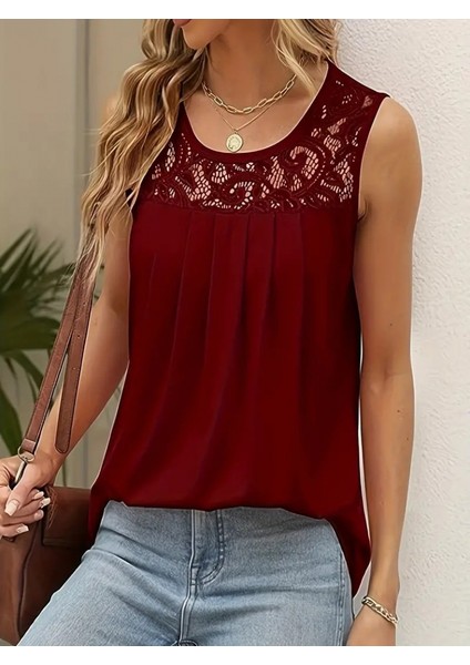 Mottisfashion Kadın Askılı Yuvarlak Yaka Dantel Detaylı Viskon Bluz