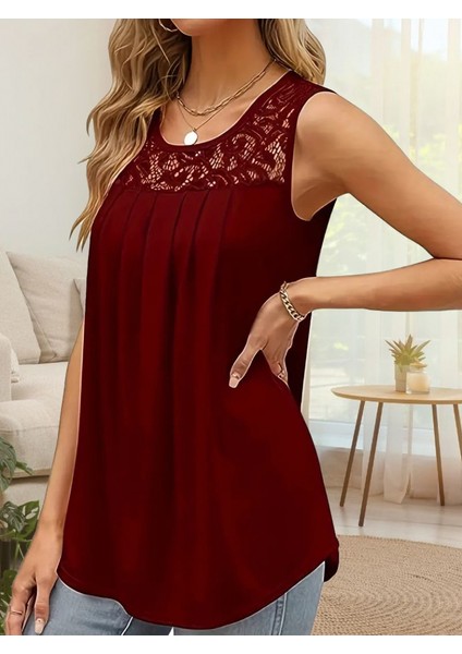 Mottisfashion Kadın Askılı Yuvarlak Yaka Dantel Detaylı Viskon Bluz modelleri