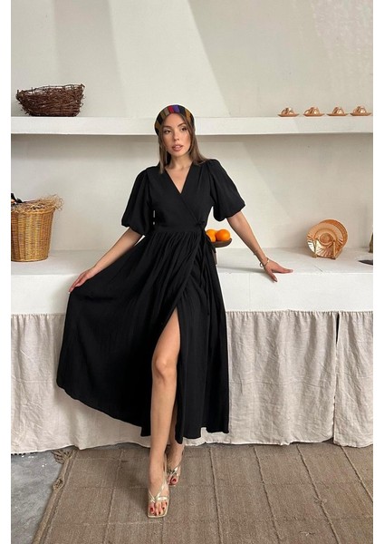 Mottisfashion Siyah Müslin Uzun Elbise