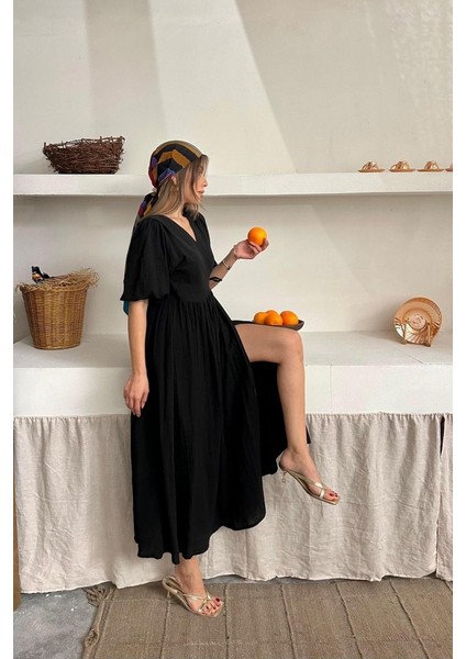 Mottisfashion Siyah Müslin Uzun Elbise fırsatları