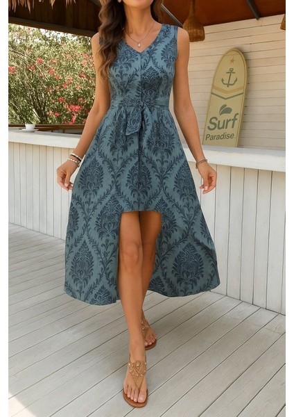 Mottisfashion Kadın Kolsuz V Yakalı Desenli Süprem Tulum Elbise modelleri