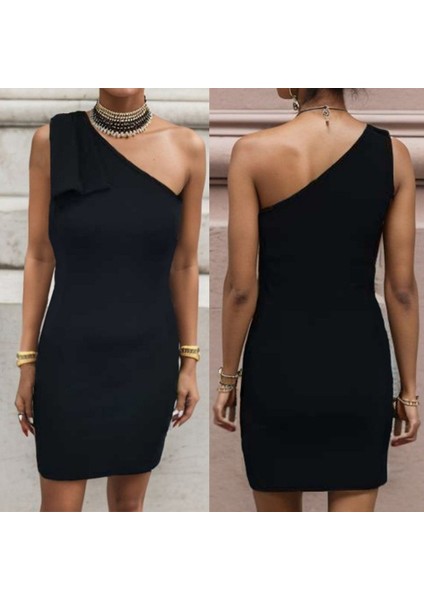 Mottisfashion Kadın Tek Omuzu Açık Kelebek Detaylı Janjan Krep Elbise