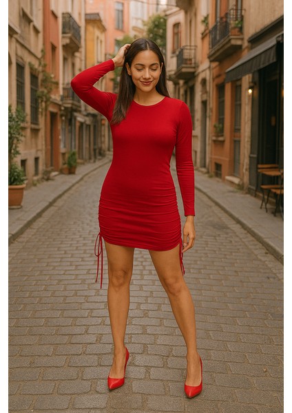 Mottisfashion Kadın Uzun Kol Büzgü Detaylı Sandy Kumaş Ayarlanabilir Boy Fırsat Ürün Elbise