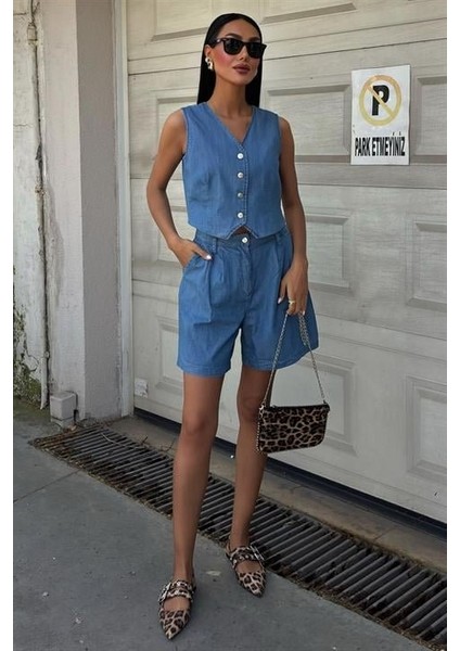 Mottisfashion Gümüş Düğmeli Yelek ve Şort Tensel Takım 10174