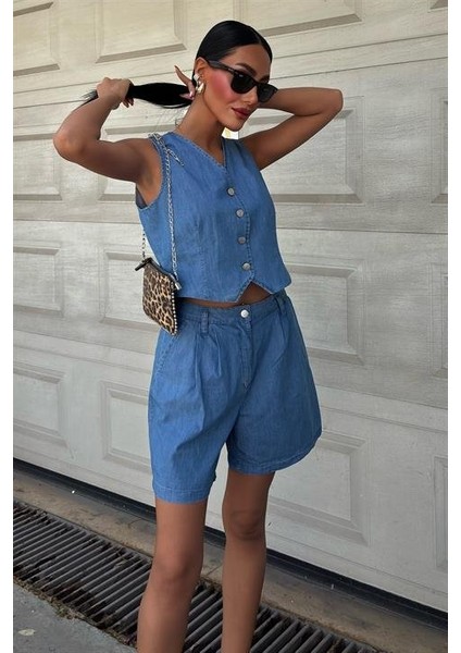 Mottisfashion Gümüş Düğmeli Yelek ve Şort Tensel Takım 10174 modelleri