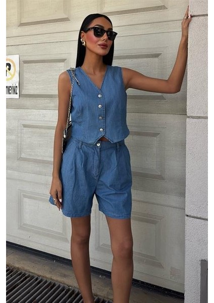 Mottisfashion Gümüş Düğmeli Yelek ve Şort Tensel Takım 10174 fırsatları