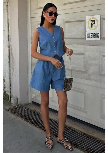 Mottisfashion Gümüş Düğmeli Yelek ve Şort Tensel Takım 10174 indirimleri