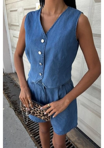 Mottisfashion Gümüş Düğmeli Yelek ve Şort Tensel Takım 10174